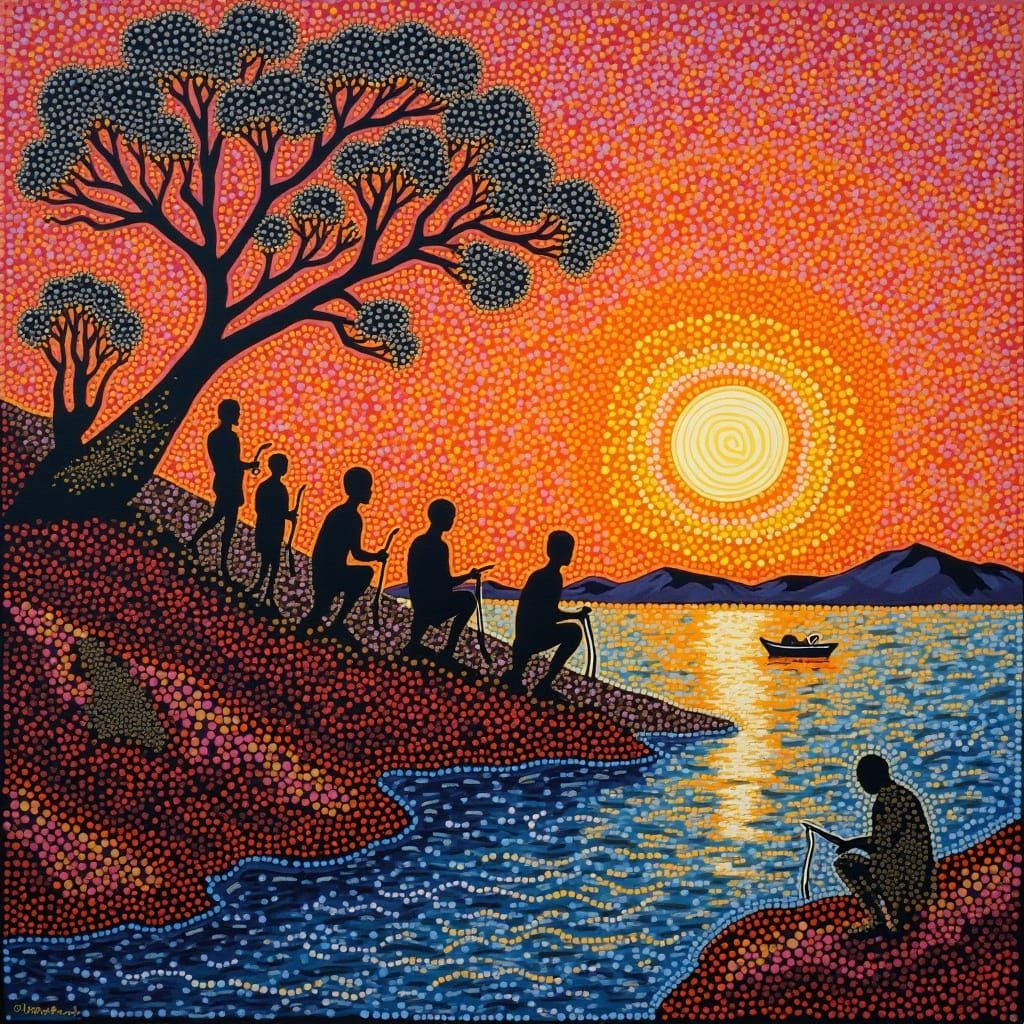 Indigenous Australian Dreamtime Fishing Scene in Vibrant Dot...