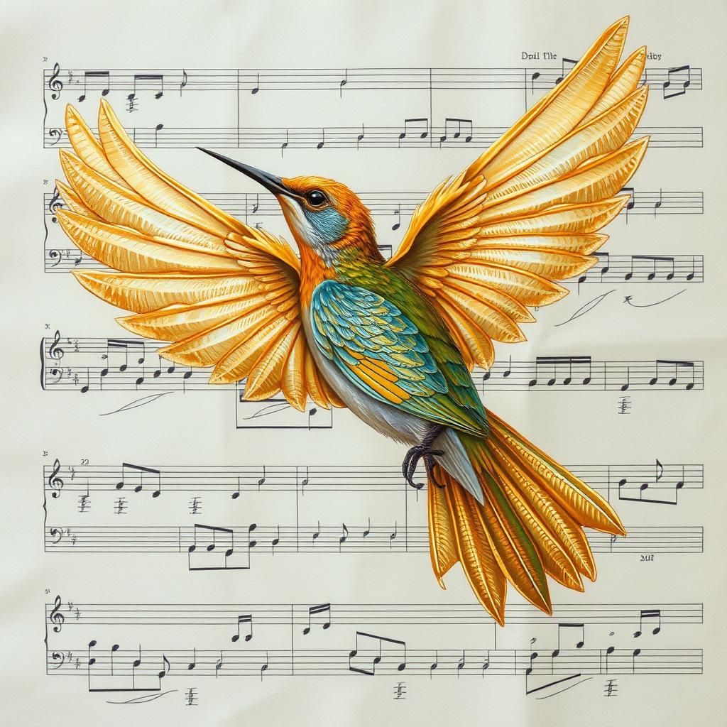 Golden Songbird in Flight Over Musical Parchment