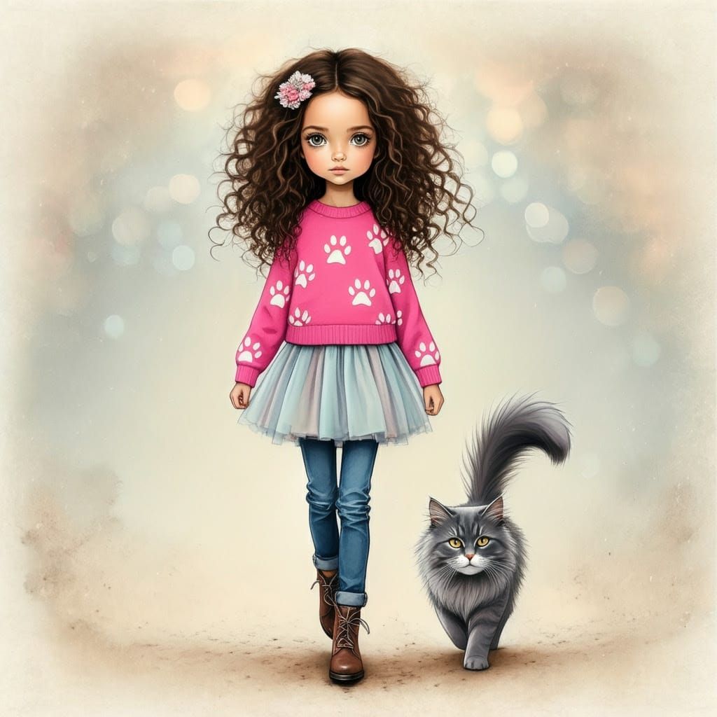 Young Girl and Gray Cat Stroll into Whimsical Wonderland