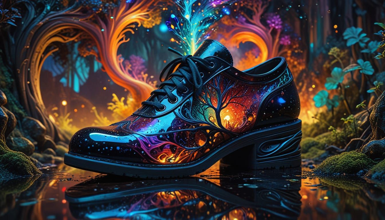 Obsidian Shoe with Roots in Psychedelic Oil Painting