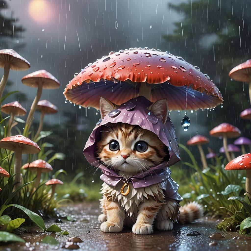 Adorable Kitten Shelters From Rain: 3D Anime Art