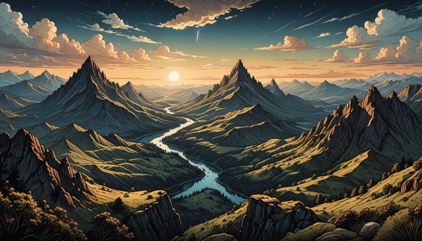 Majestic Mountain Valley Landscape in Retro Fantasy Style