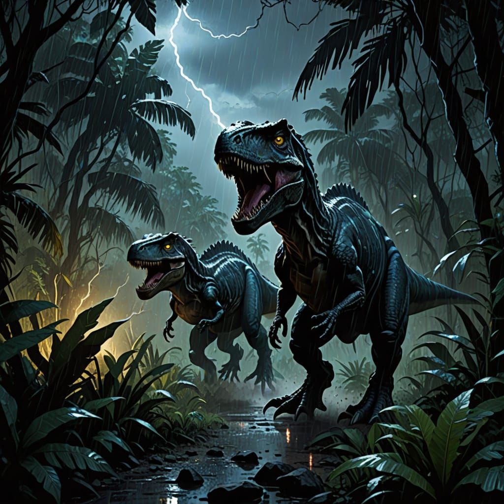 T-Rex and Raptors Hunt in Stormy Jungle