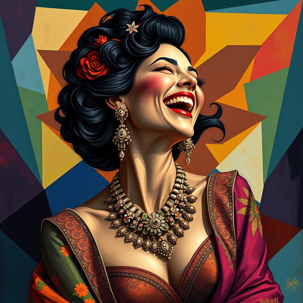 Laughing Woman in Cubist Art Deco Style