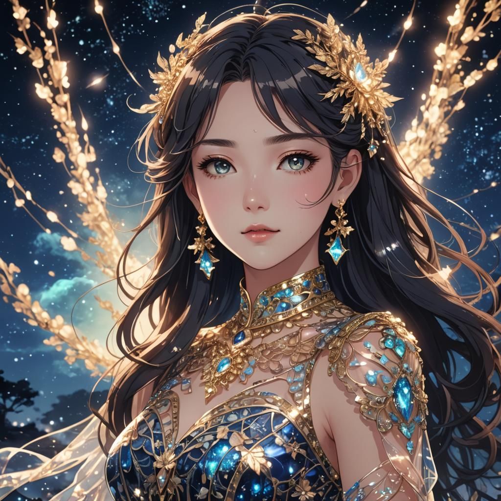 Ethereal Manga-Inspired Portrait of a Lady Under a Vibrant L...