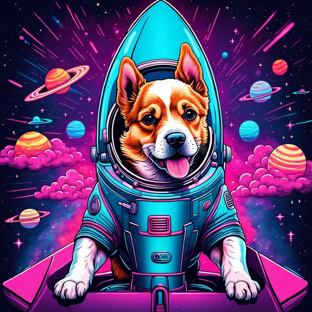 Puppy in Space Rocket, Synthwave Neon Art