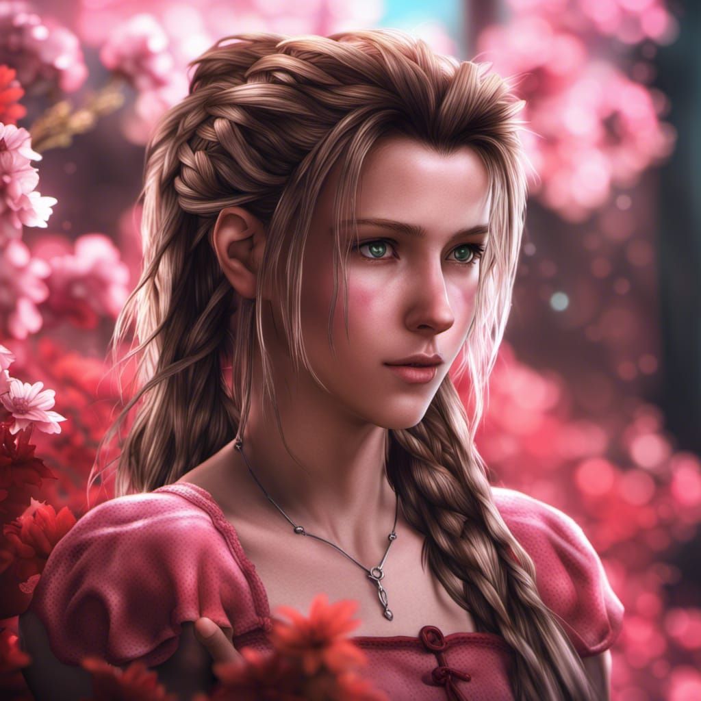 Hyperrealistic Aerith Portrait in Cinematic Style