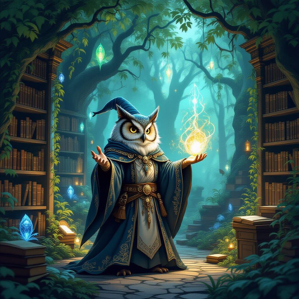 Owl Mage Casting Spell in Forest Library