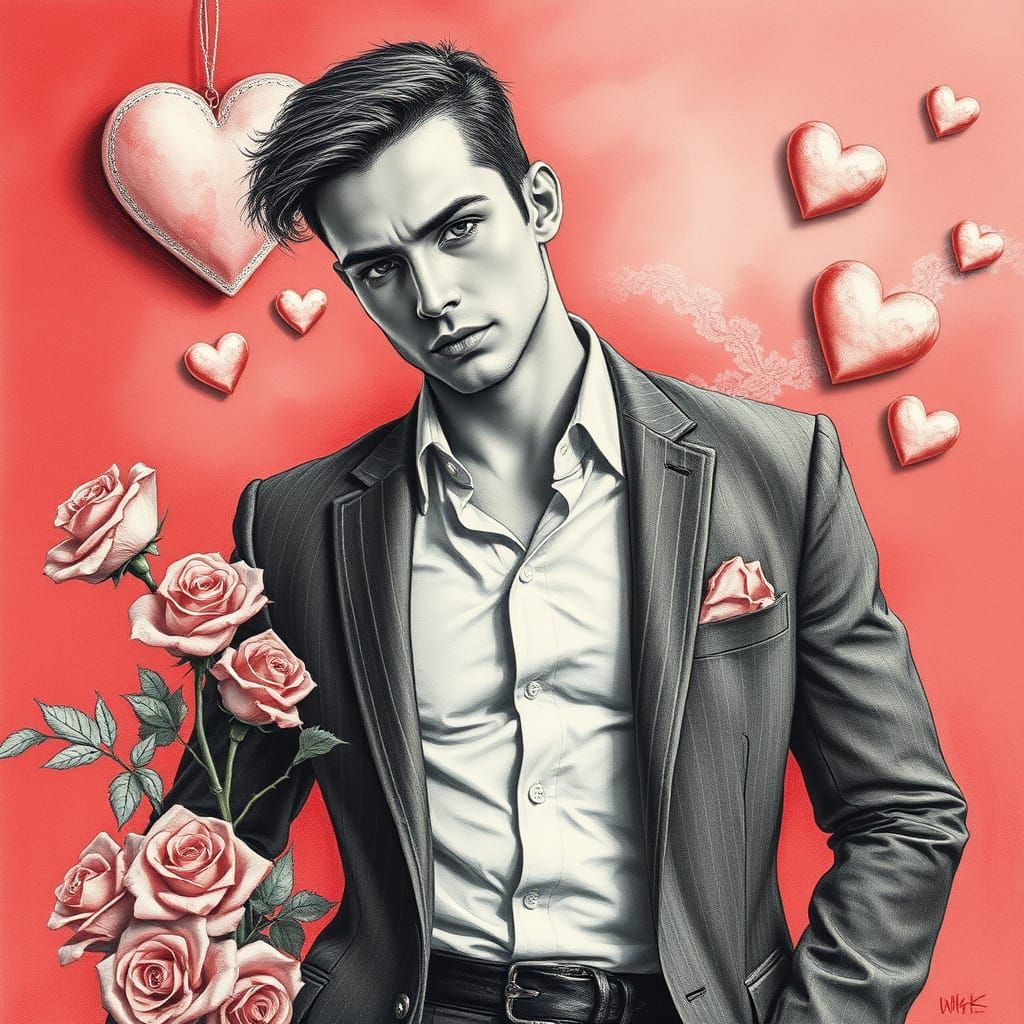 Sensual Valentine's Day Gentleman in Charcoal Drawing Style
