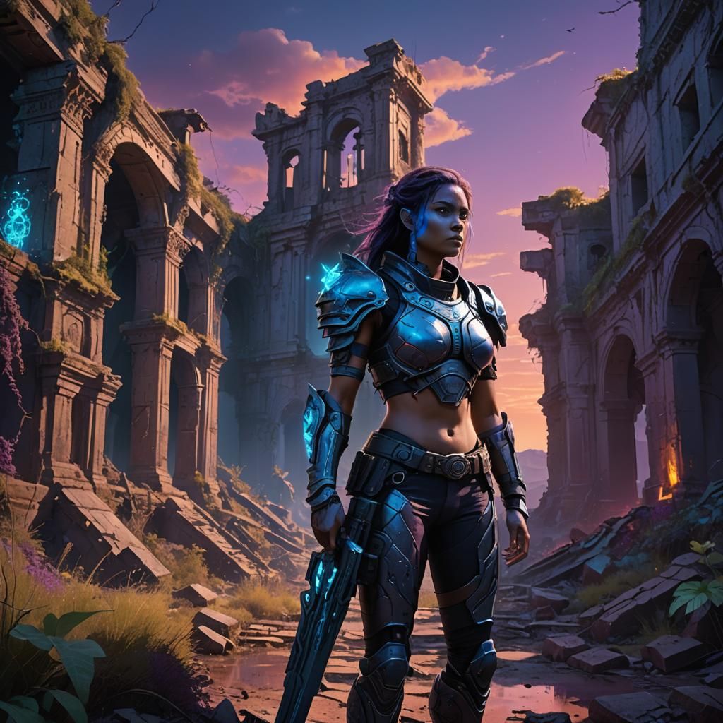 Sci-Fi Warrior Woman in Overgrown Ruins