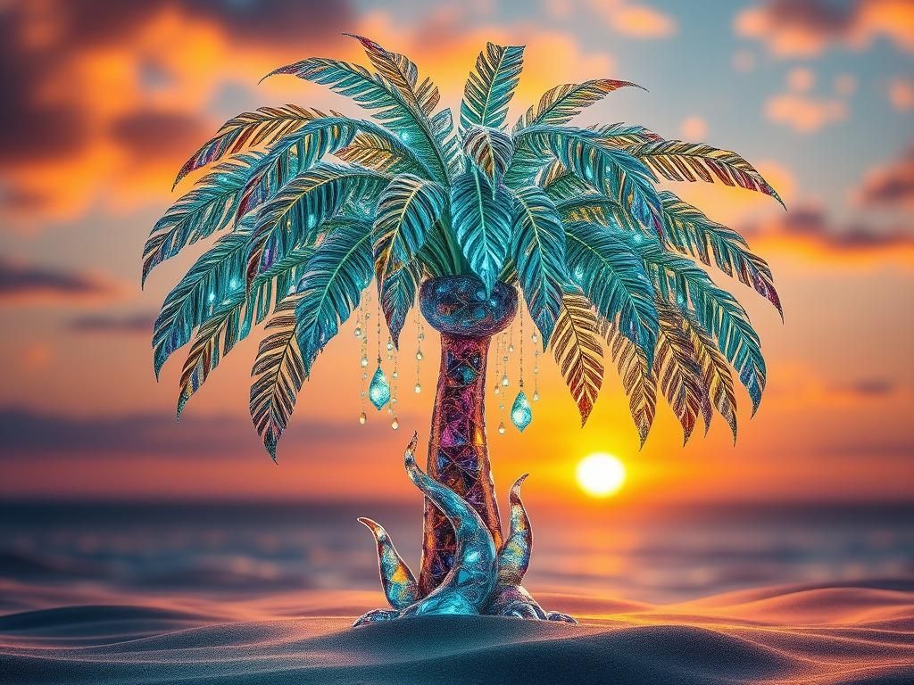 Glass Dream Palm Tree Sunset, Digital Art