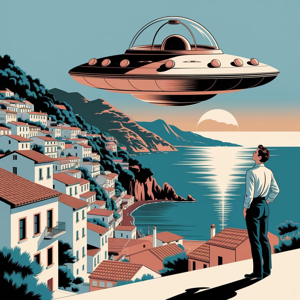 Vintage UFO Over Sun-Drenched Mediterranean Town