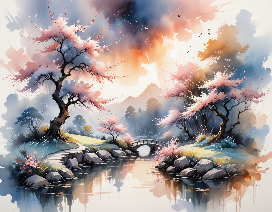 Sakura Parkland Watercolour with Koi Pond