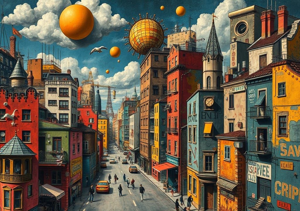 Dreamlike Dada Cityscape with Vibrant Colors