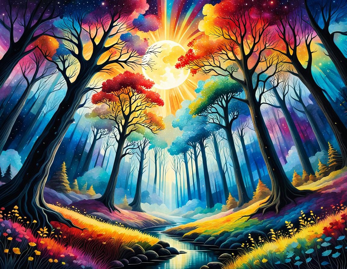 Glowing Forest: A Volumetric Oil and Watercolor Painting