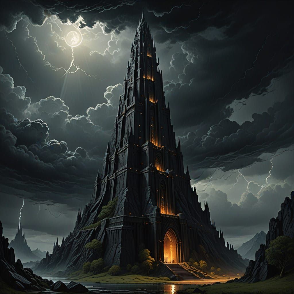 Oil Painting of the Tower of Orthanc in Stormy Sky