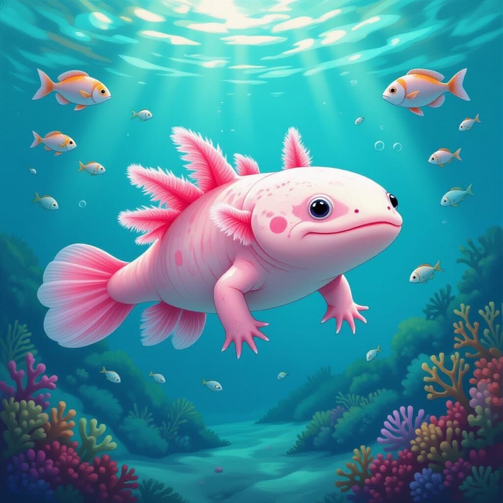 Radiant Axolotl Swimming Through a Coral Reef