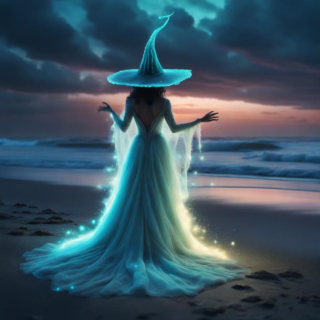 Ethereal Witch in Glowing Gown on Bioluminescent Beach