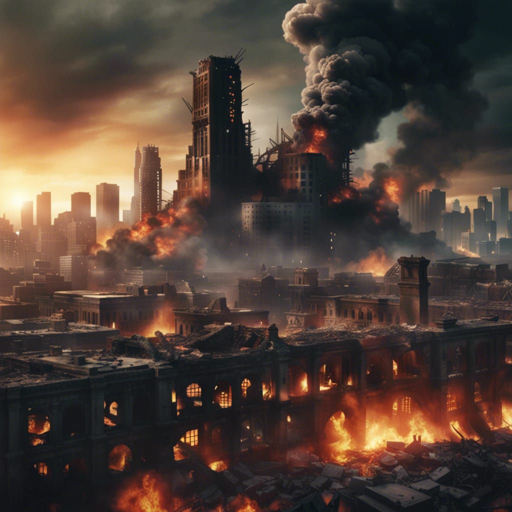 Post-Apocalyptic Burning Cityscape in Detailed Fantasy Art
