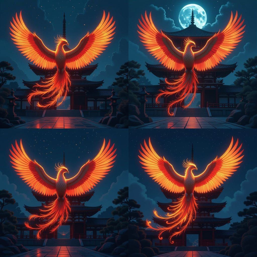 Majestic Phoenix Over Japanese Temple in Ethereal Glow
