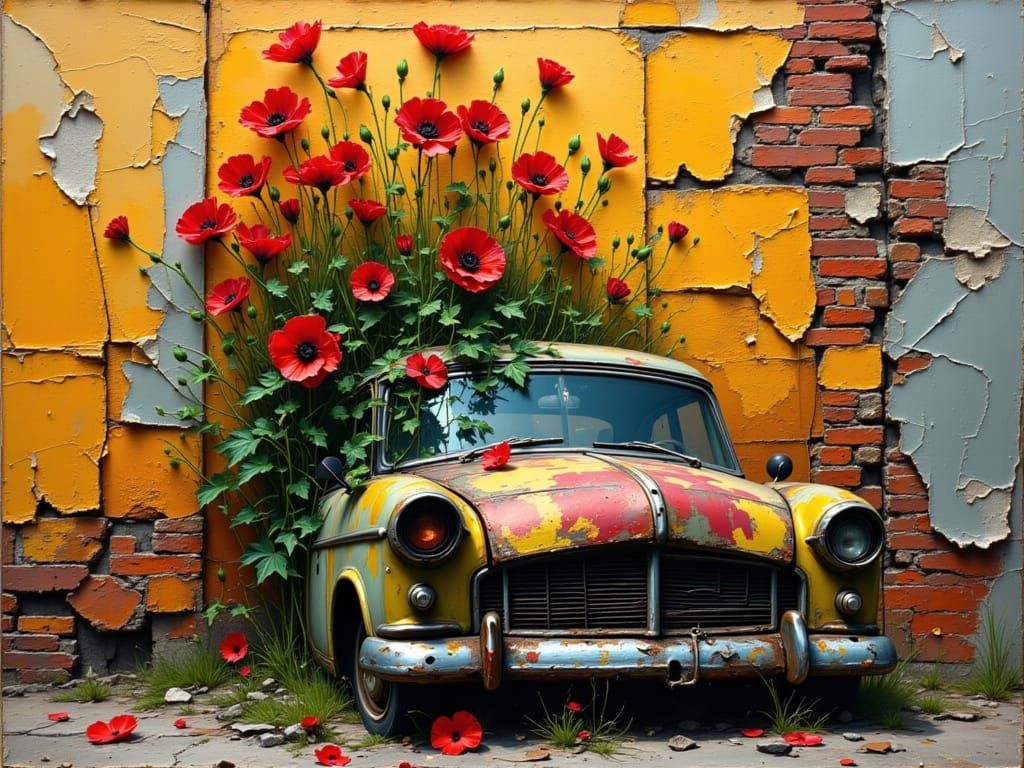 Poppies and Vines on a Broken Brick Wall