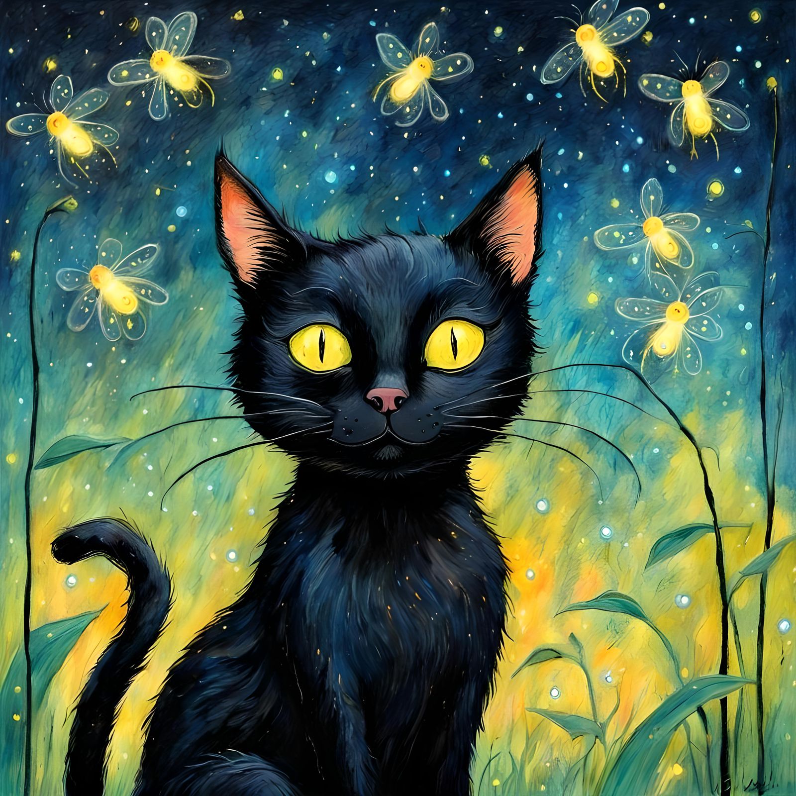 Whimsical Black Cat with Fireflies Illustration