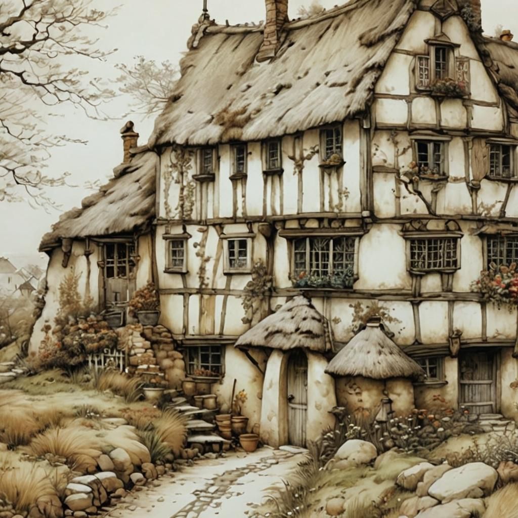Whimsical Cottage Illustration in Black and White
