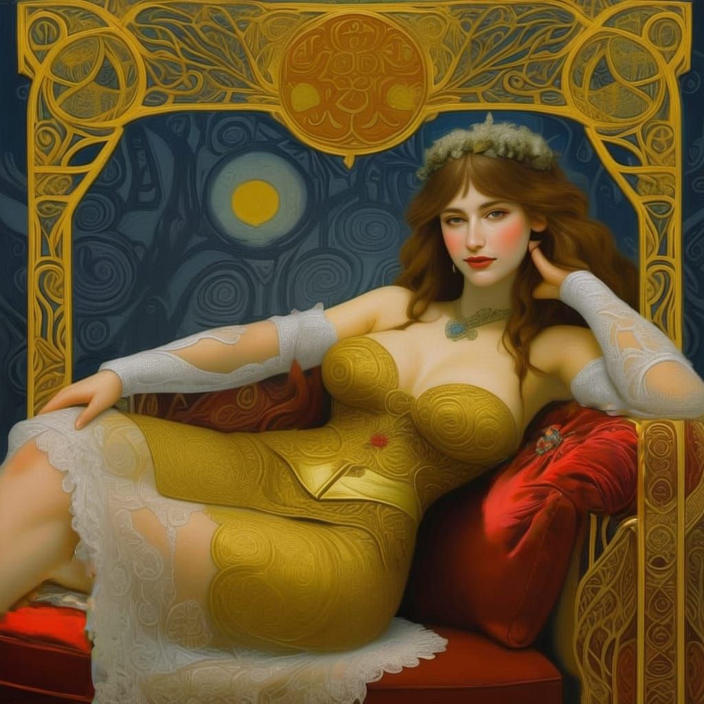 Art Nouveau Dame Reclining on Red Velvet Sofa