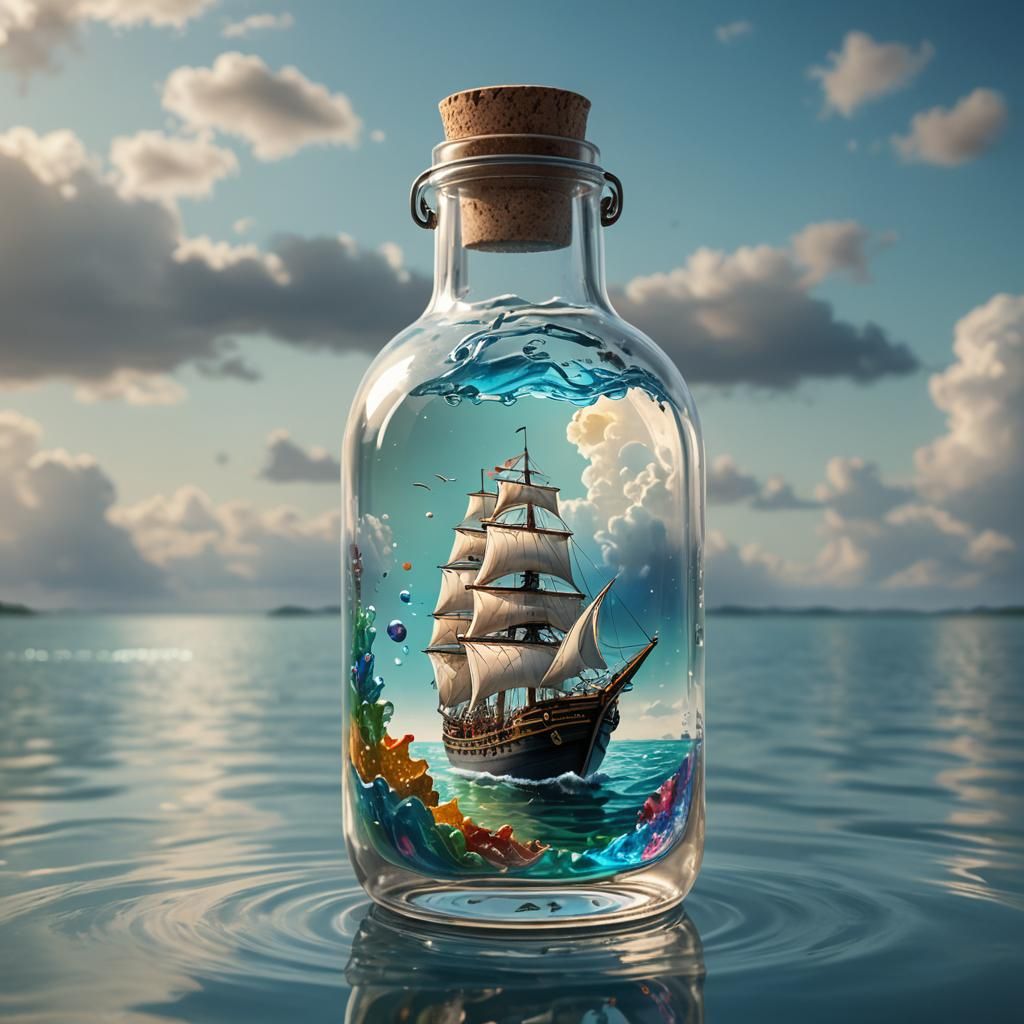 Hyperrealistic Ship in a Bottle on Lake