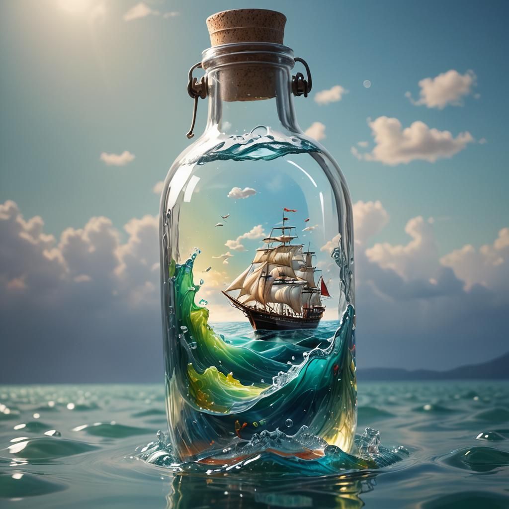 Ship in a Bottle: Hyperrealistic Splash Art