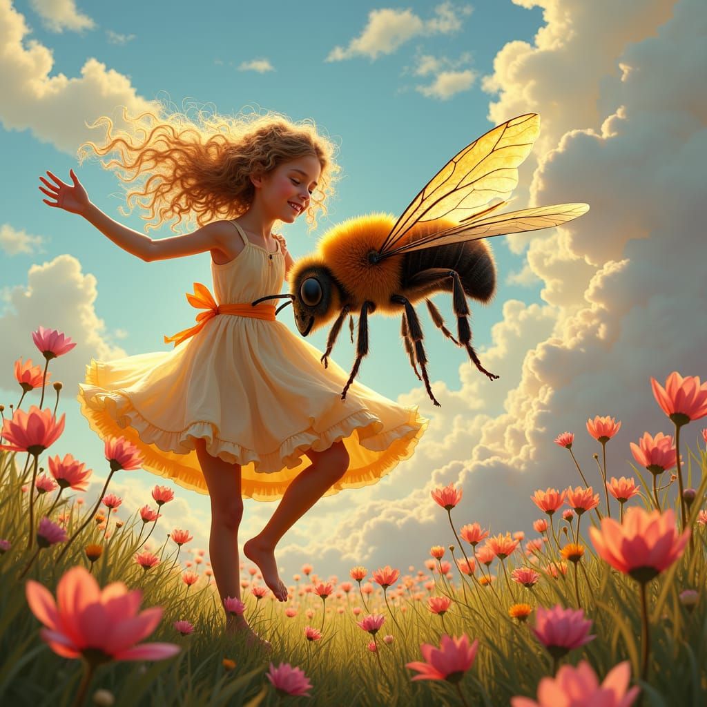 Girl Dances with Giant Bee in Art Nouveau Meadow