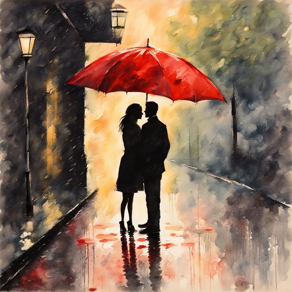 Couple in Rainy Street: Gouache Impressionist Painting