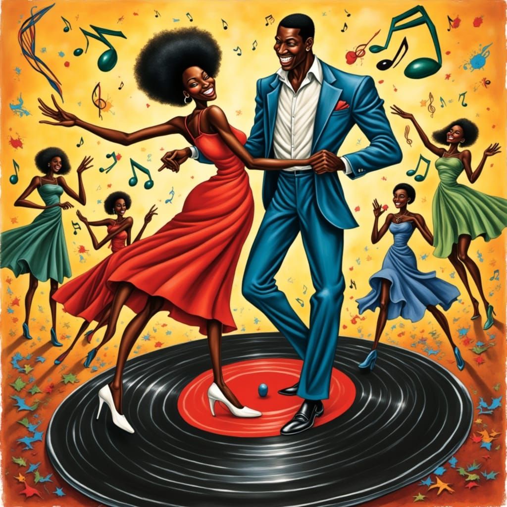Joyful African American Couple Dancing on Vinyl Record in Vi...