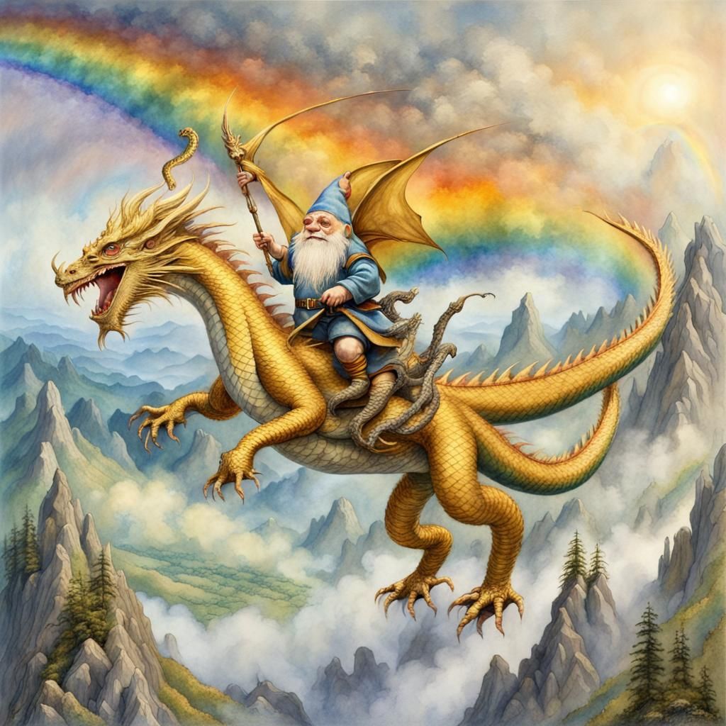 Whimsical Fantasy Art of a Majestic Gnome and Dragon in Flig...