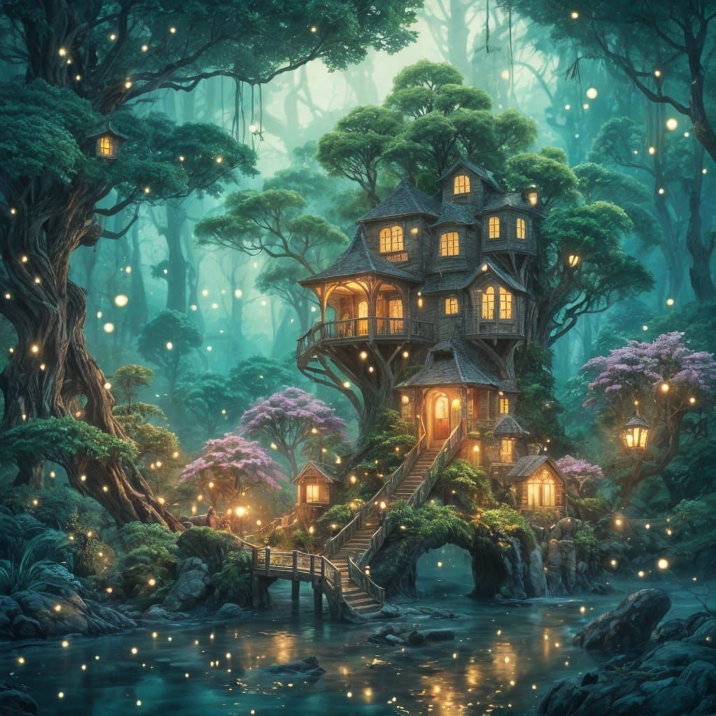 Enchanted Treehouse in a Dreamlike Landscape