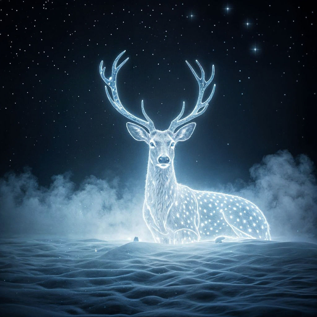 Bioluminescent Deer in Snowy Starry Landscape