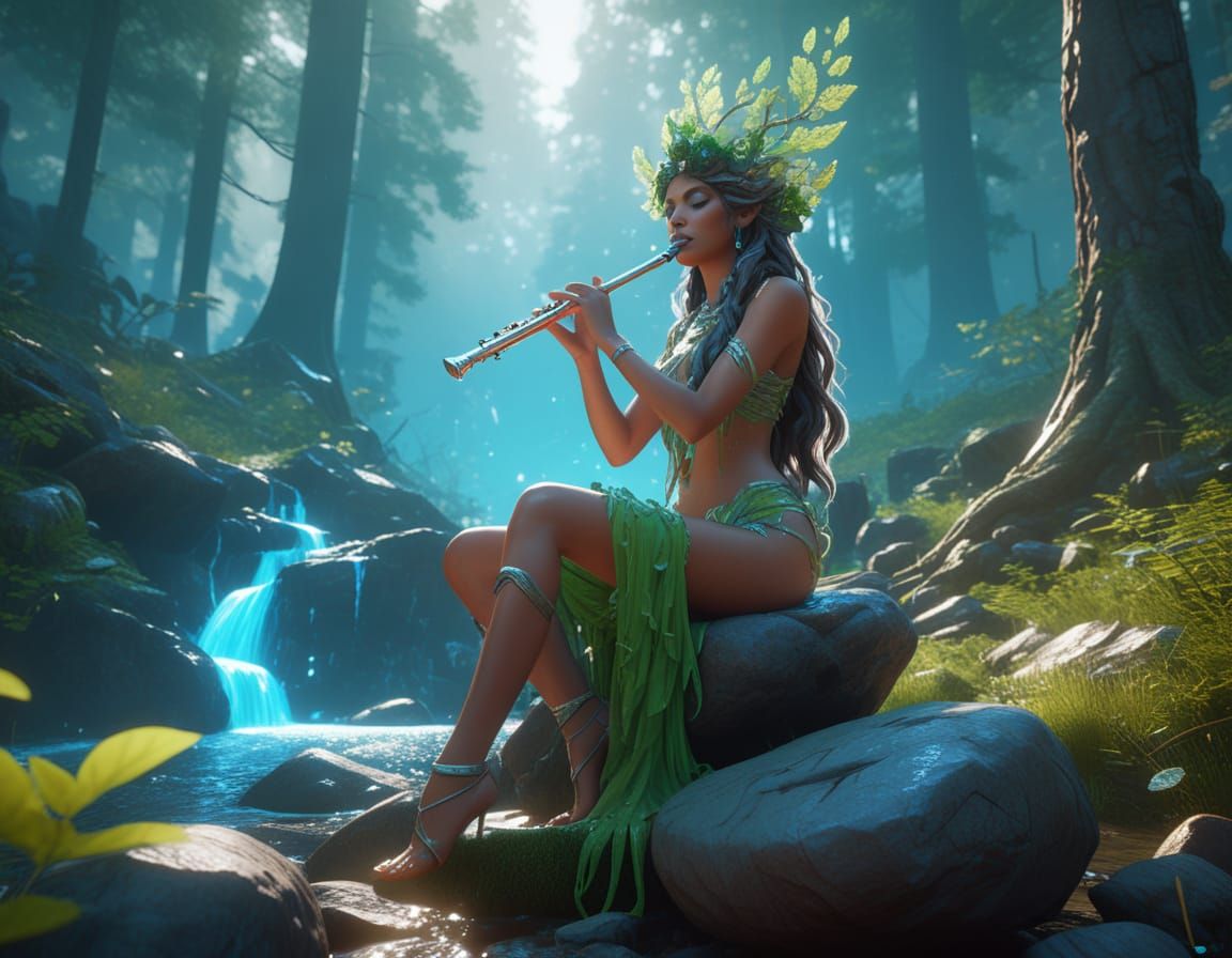 Ethereal Dryad Plays Flute in Misty Forest