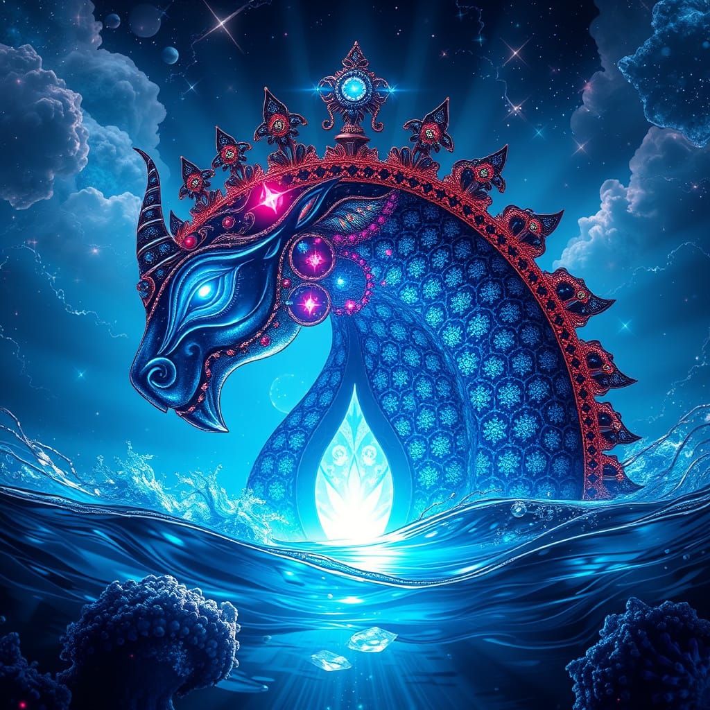 Majestic Gold-Scaly Sea Dragon Emerges Under Full Moon