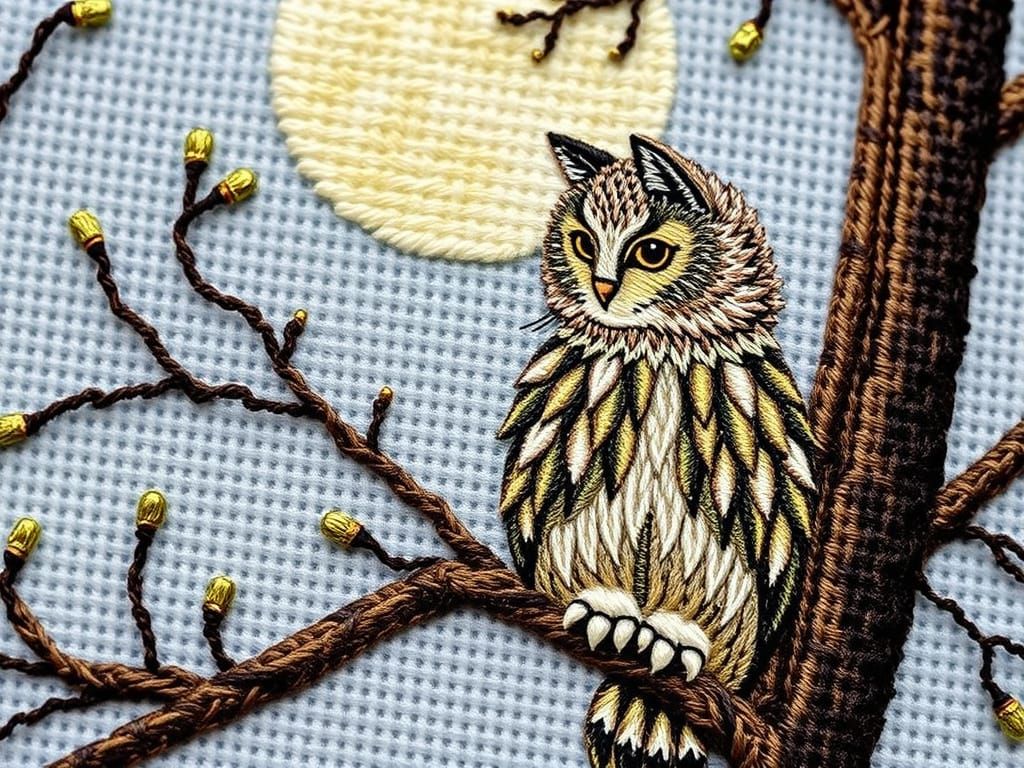 Whimsical Moonlit Cat Embroidery in Folk Art Style