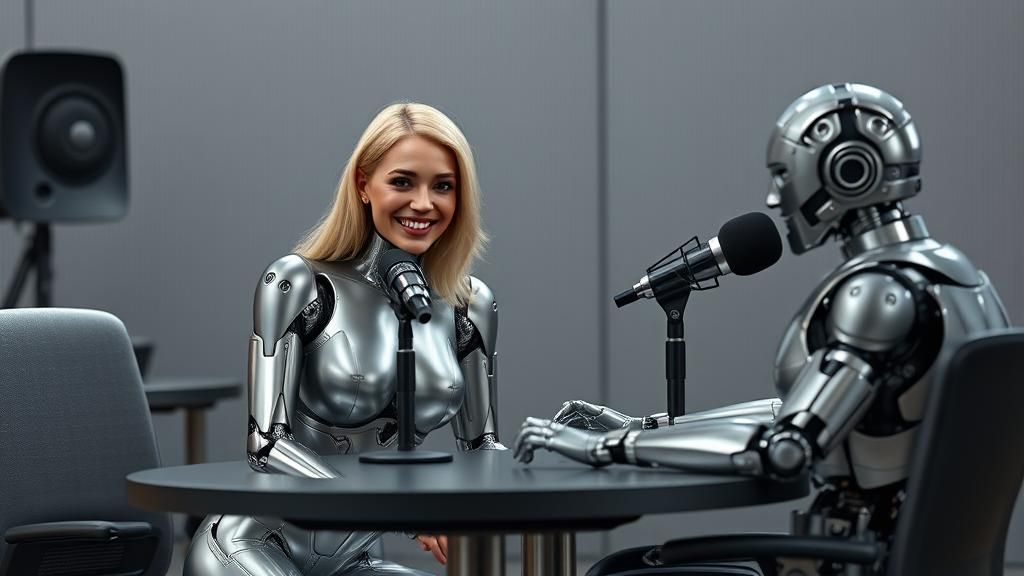 Robotic Podcasters in High-Tech Studio, Sci-Fi Art