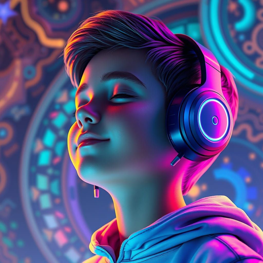 Surreal Smart Boy Lost in Futuristic Soundscapes