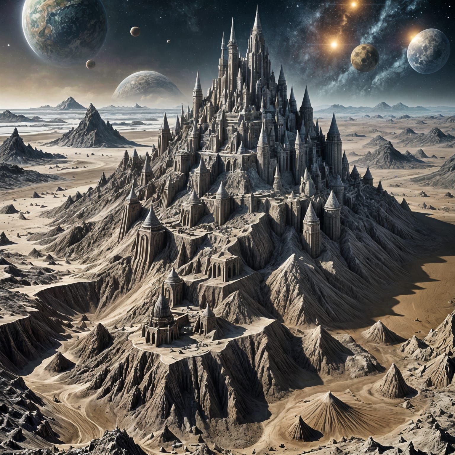 Hyperrealistic Sandcastles Towering in Space Near Galactic S...