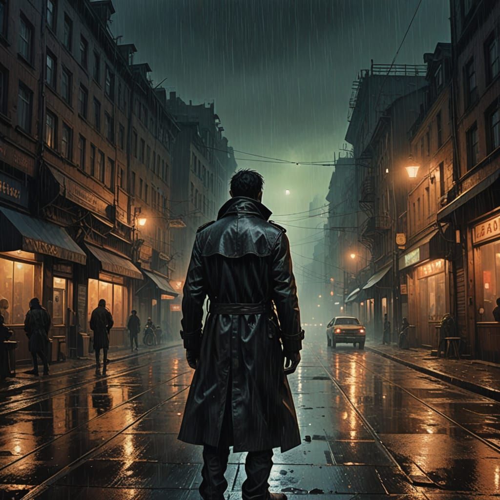 Cyberpunk Figure Contemplates the Tannhäuser Gates in a Rain...