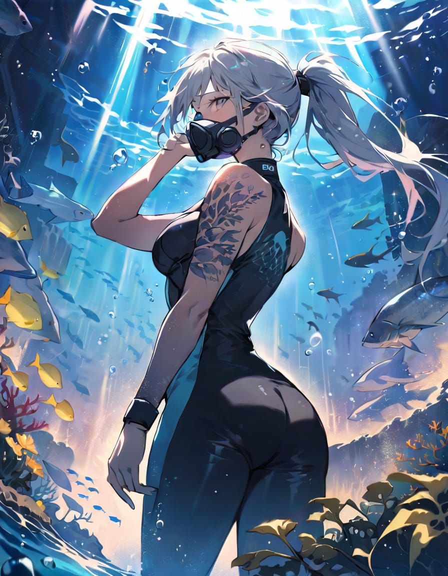 Aesthetic Diver Girl on Ocean Floor: Digital Illustration