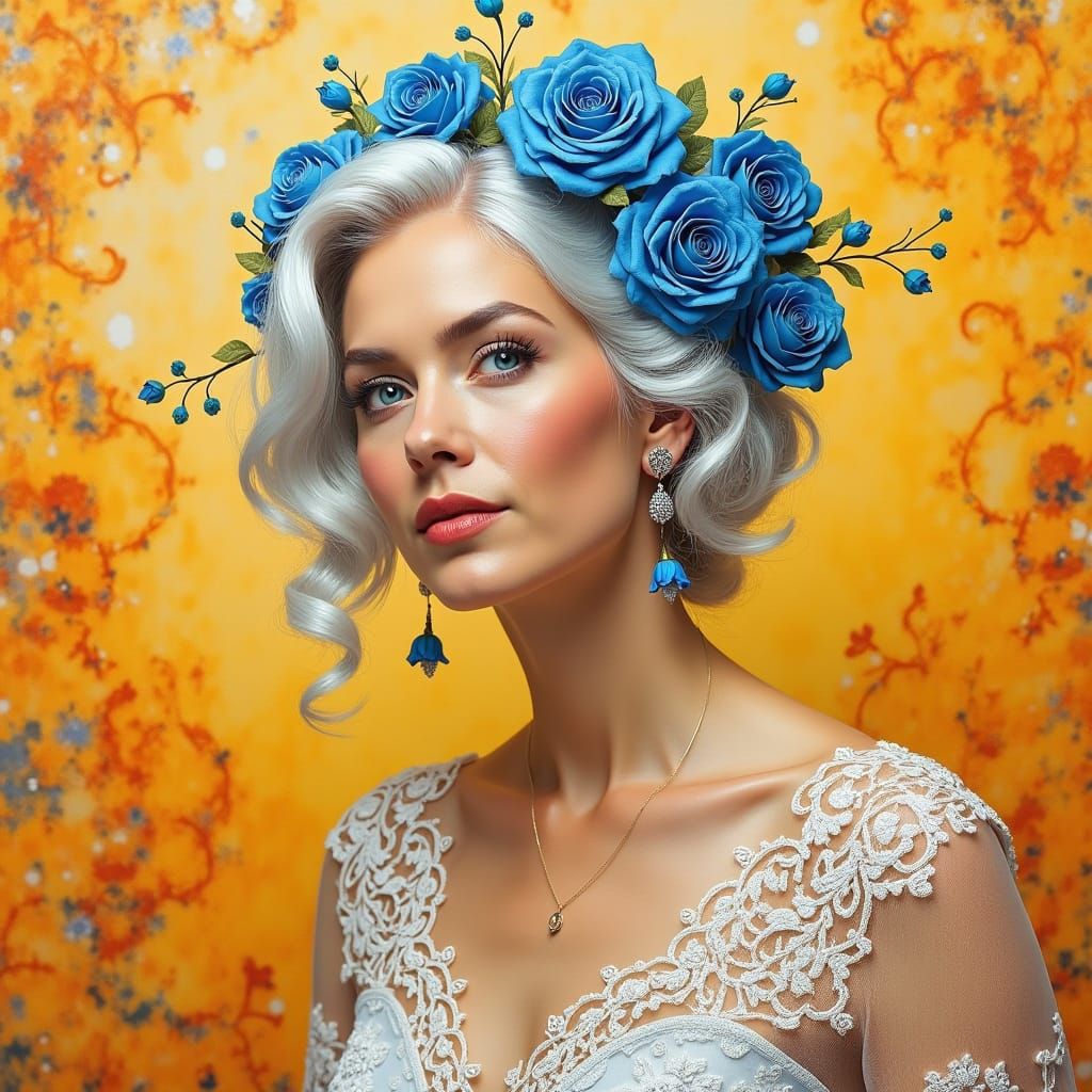 Elegant Woman with Blue Roses in Abstract Style