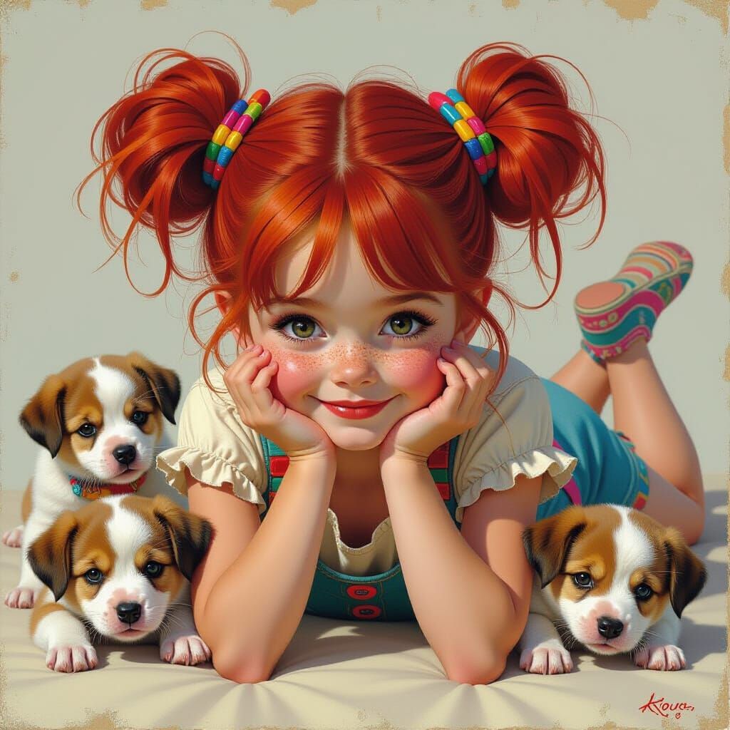 Playful Puppies and Red-Haired Girl, Royo Style
