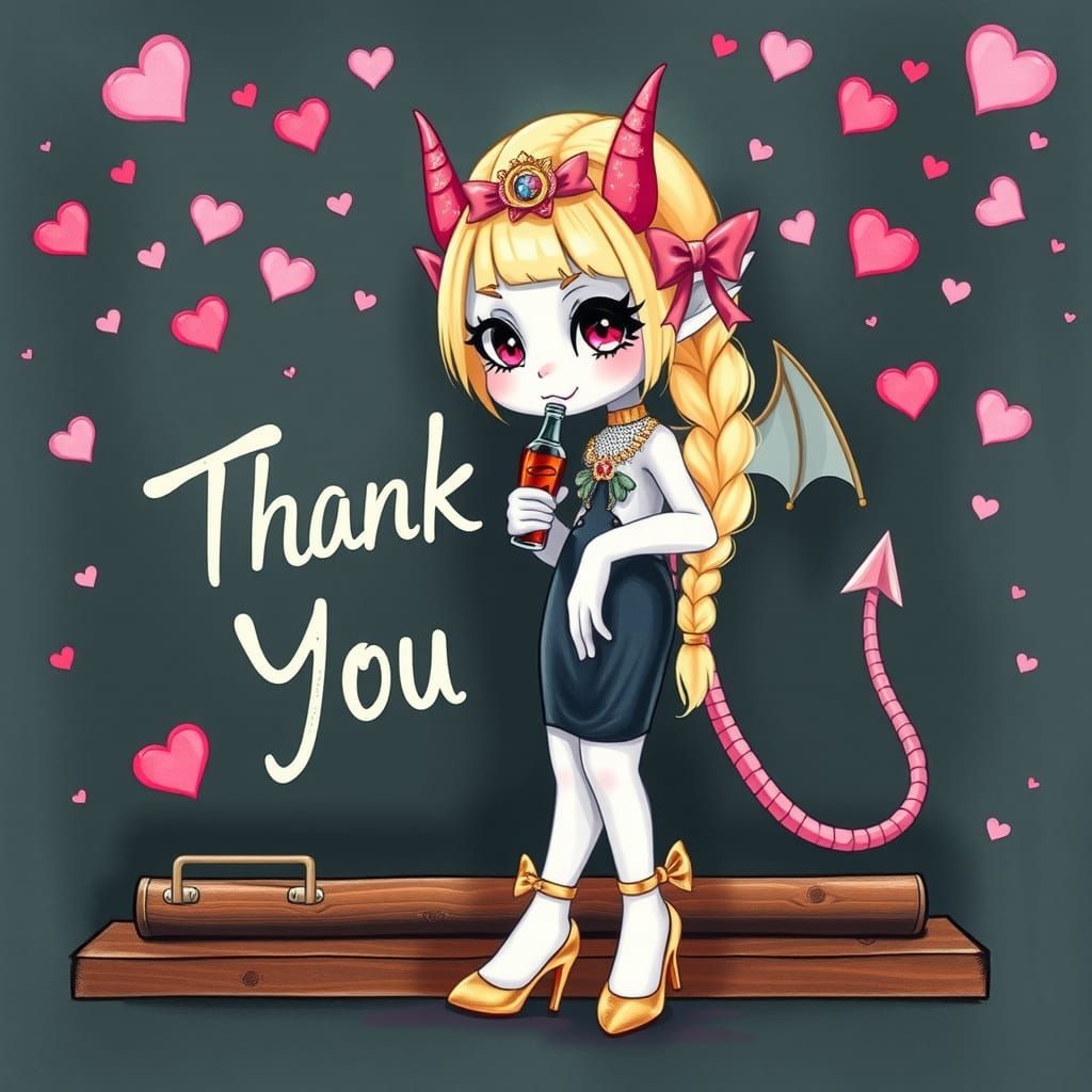 Kawaii Demon Writes Thank You in Pastel Colors