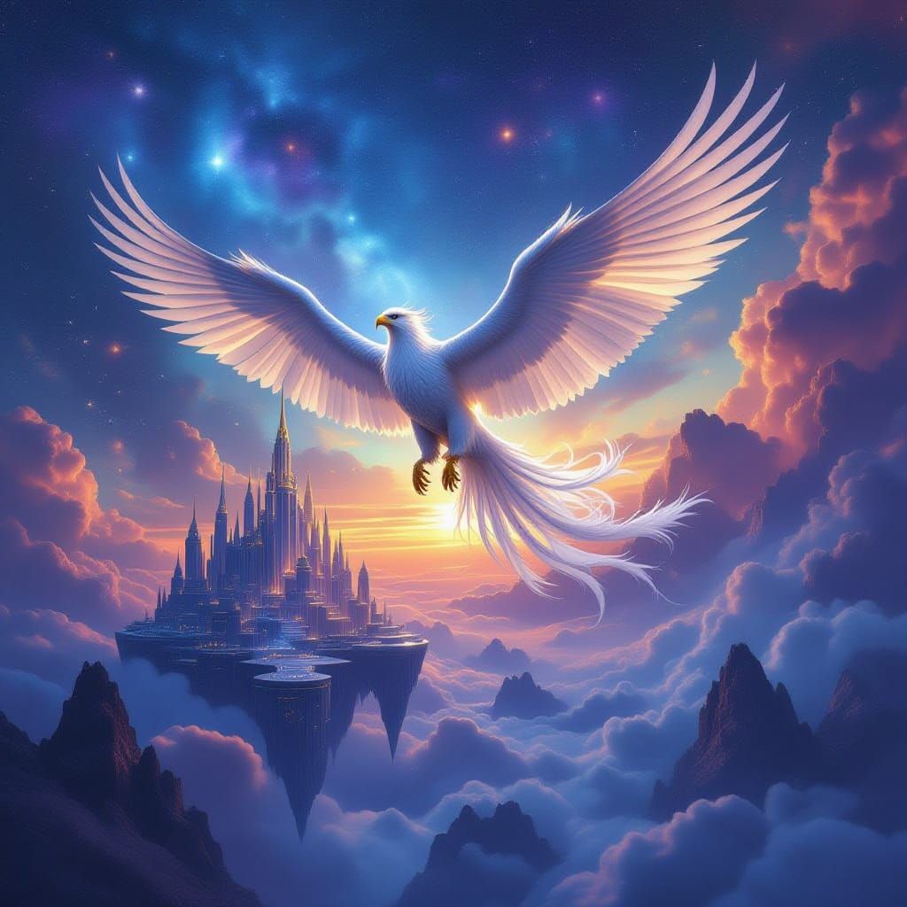 Majestic Griffin Soars Over Starlight City in Cosmic Sky