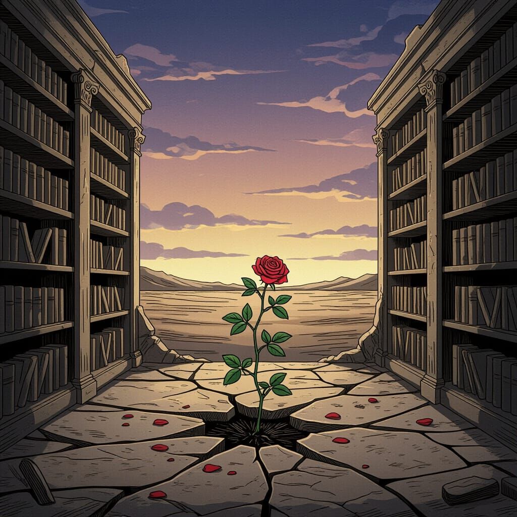 Desolate Library with Resilient Rosebush Under Twilight Sky