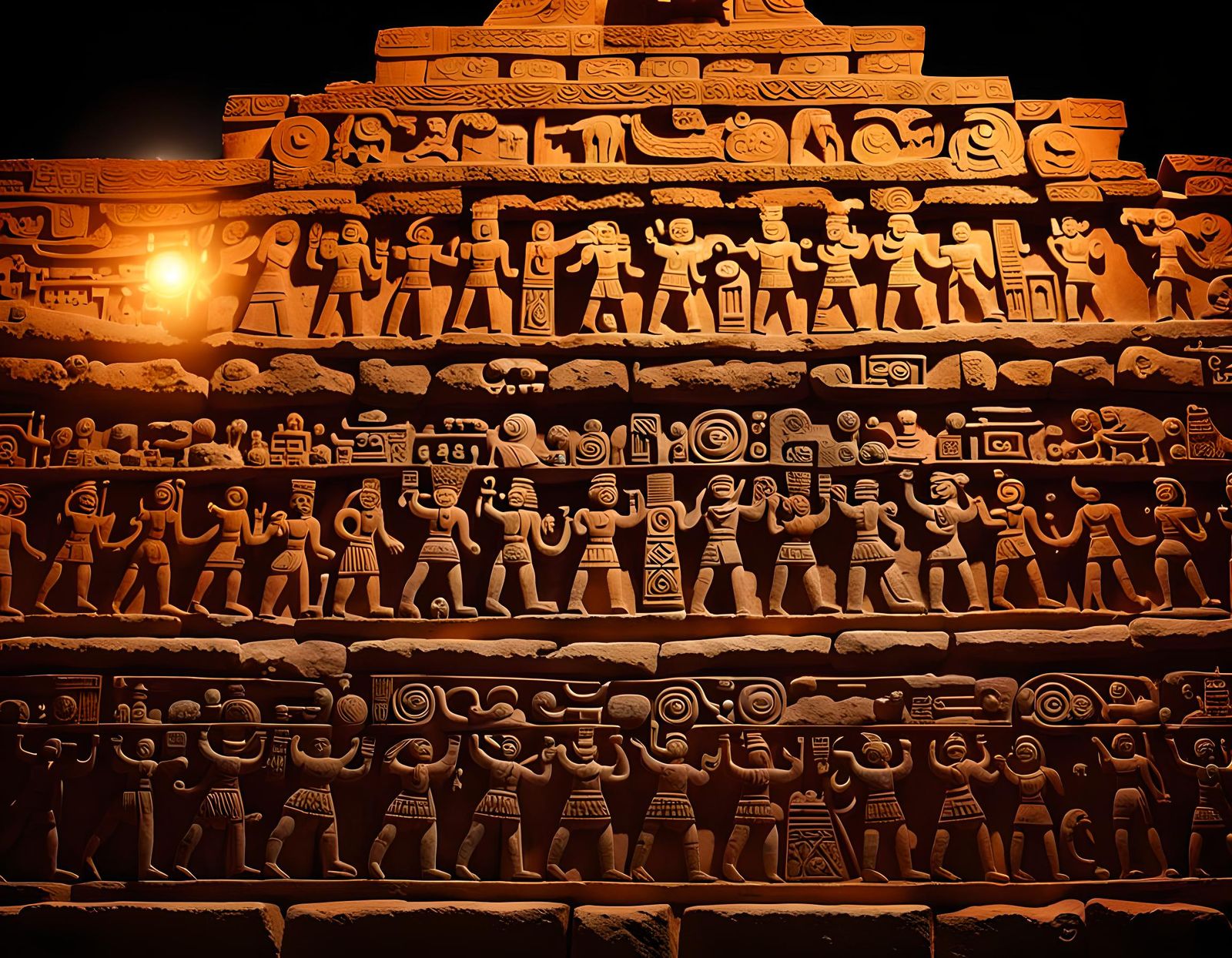 Moonlit Mayan Carvings on Ancient Pyramid Wall